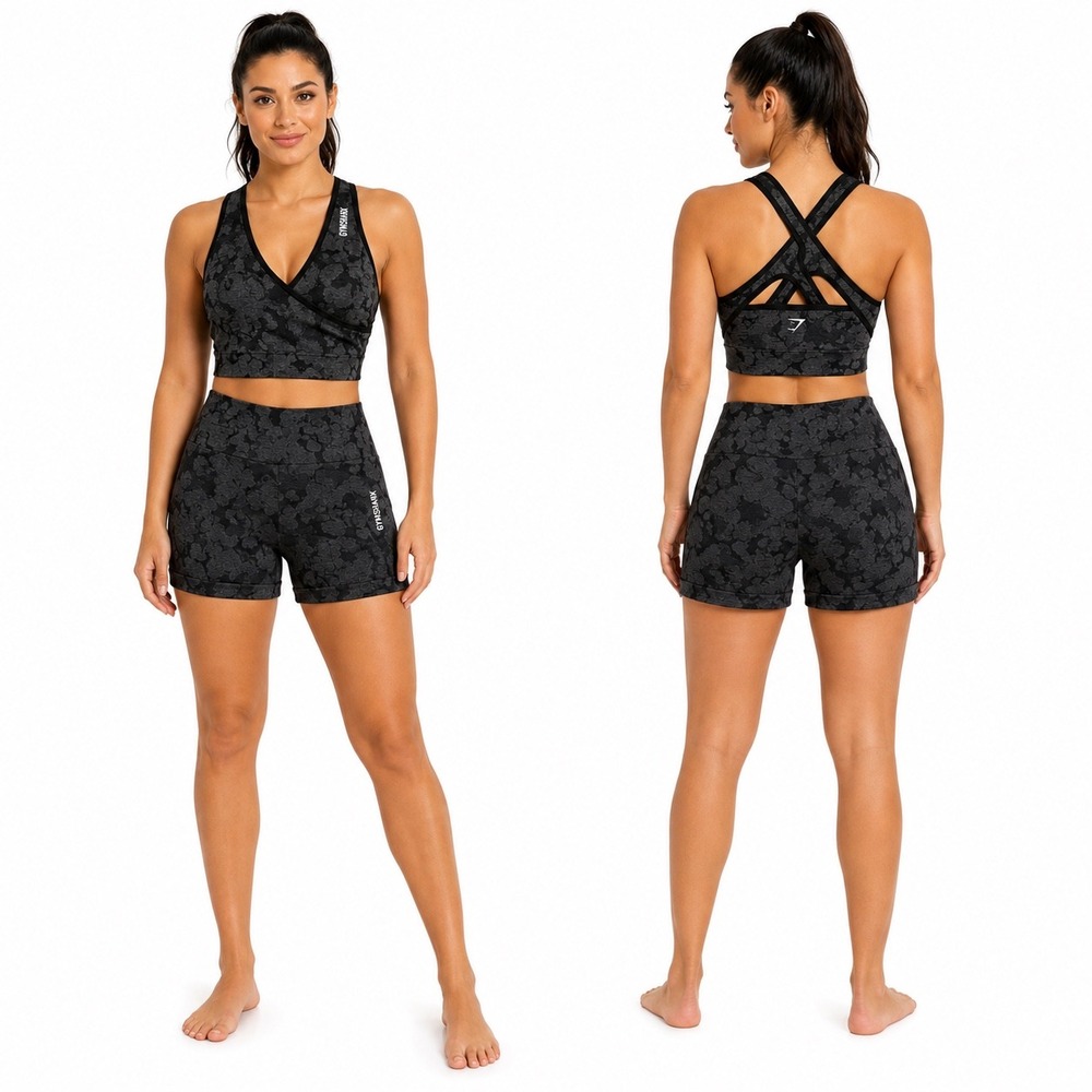 Gymshark Gray 2 Pc Shorts + Wrap Sports Bra High Waist Size M
